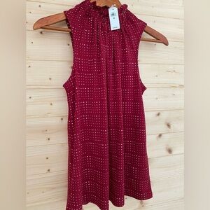 BANANA REPUBLIC Burgundy and White Patterned Ruffled Neckline Sleeveless Blouse